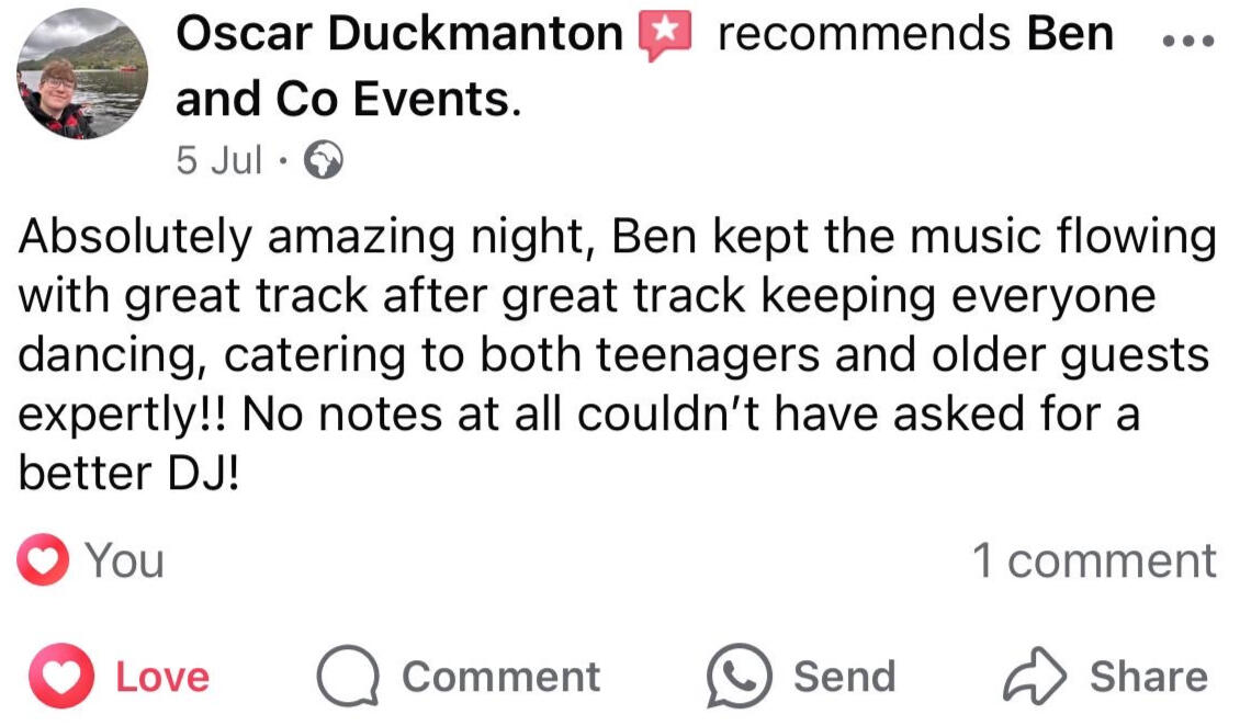 Positive review emphasizing the professionalism and creativity of Ben & Co Events during a wedding, making it a highly recommended choice for couples seeking top-notch DJ services.