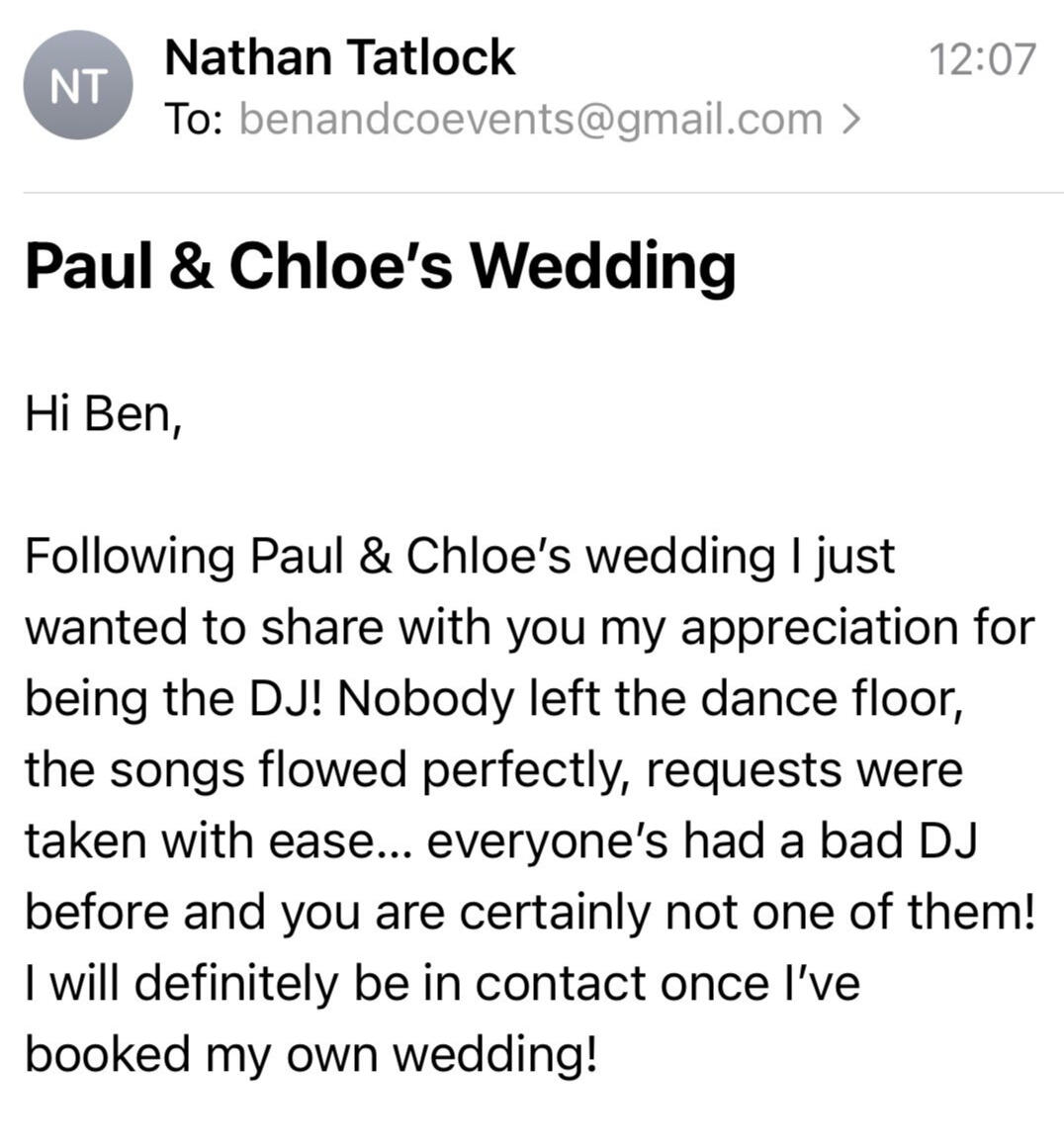 Memorable Wedding Playlist Client testimonial praising the personalized playlist and DJ engagement that kept guests dancing all night, ensuring an unforgettable wedding celebration.
