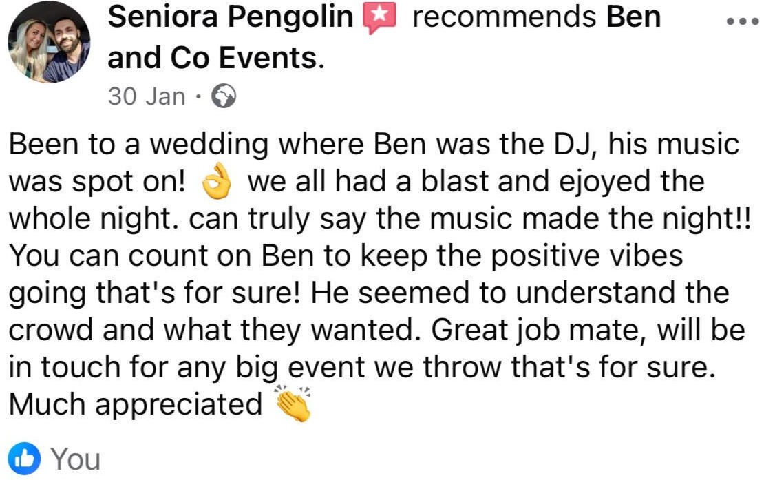 Feedback showcasing a couple's gratitude for the DJ services at their wedding, highlighting seamless music and a vibrant atmosphere created by Ben & Co Events.