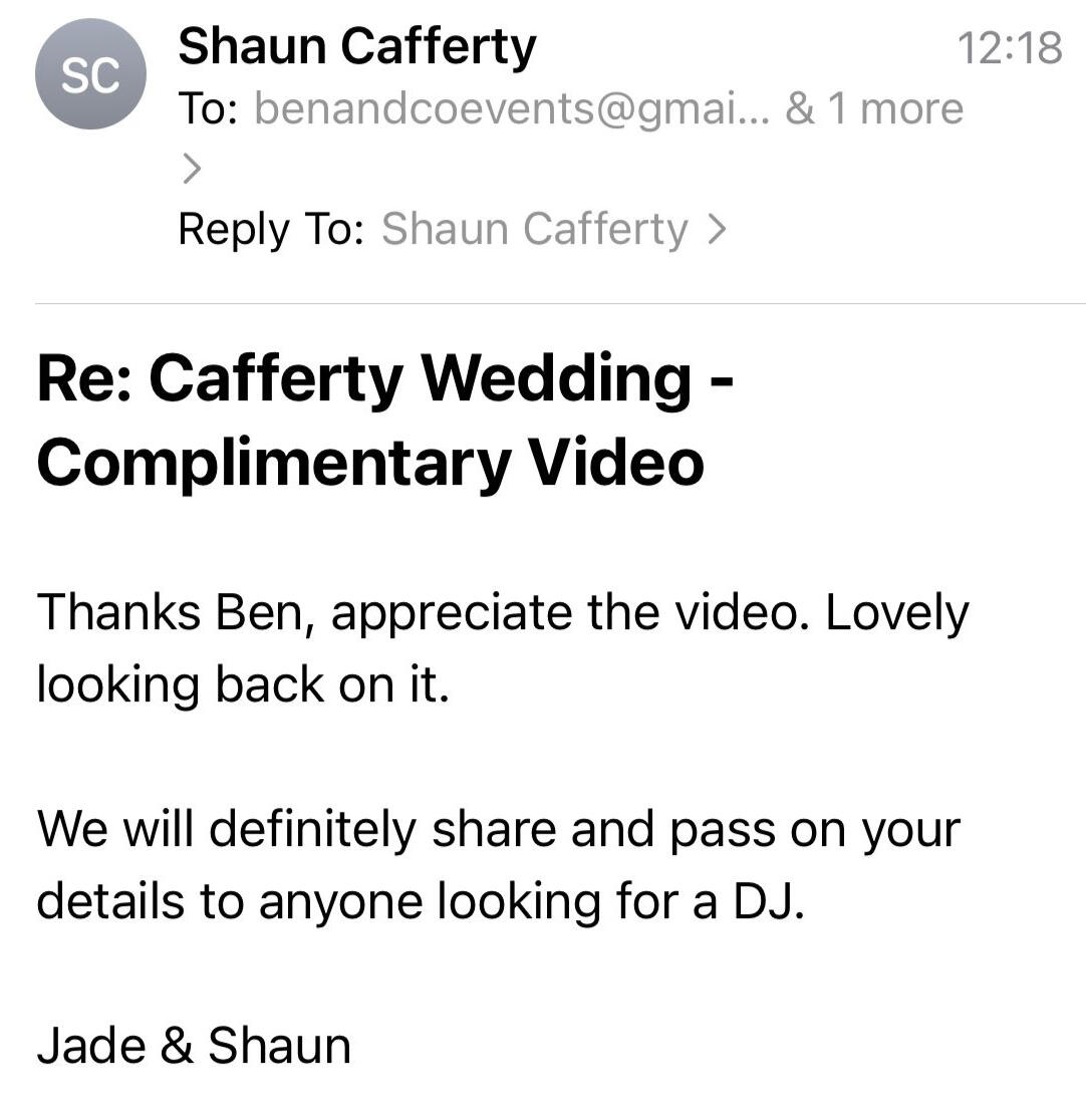 Client testimonial highlighting exceptional DJ services for a wedding, showcasing seamless music and memorable moments.