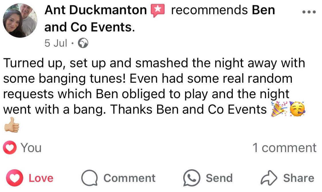 Customer feedback praising the DJ for a vibrant party atmosphere, noting interactive entertainment and crowd-pleasing music selections.