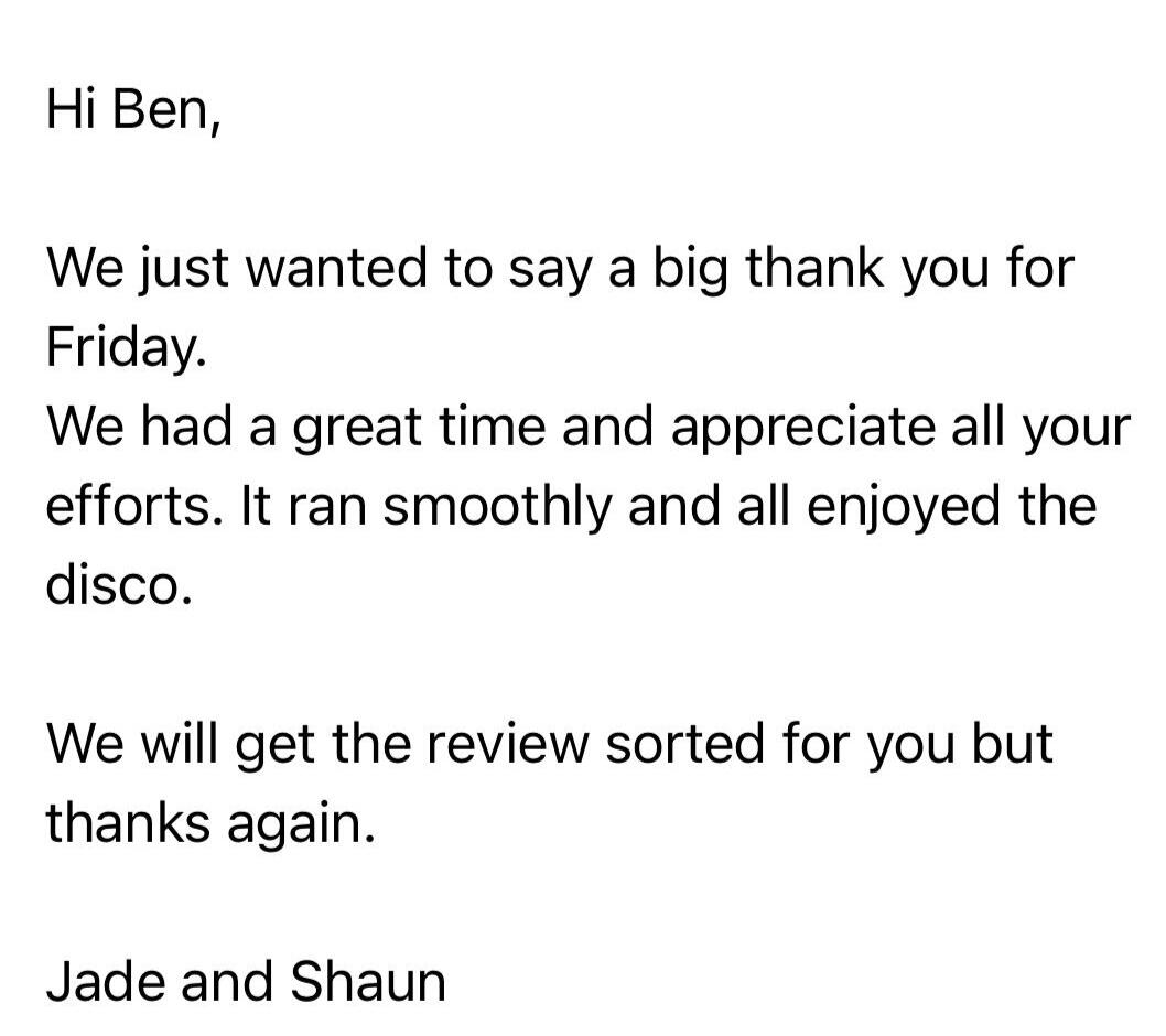 Wedding DJ Feedback 1 Positive review emphasizing the DJ's professionalism and engagement during a wedding reception, creating an unforgettable atmosphere.